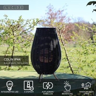 Lucide COLIN IP44 - wiederaufladbare Tischlampe Innen/Außen - Akku/Batterie - LED 3 StepDim - 1x3W 3000K - IP44 - Schwarz